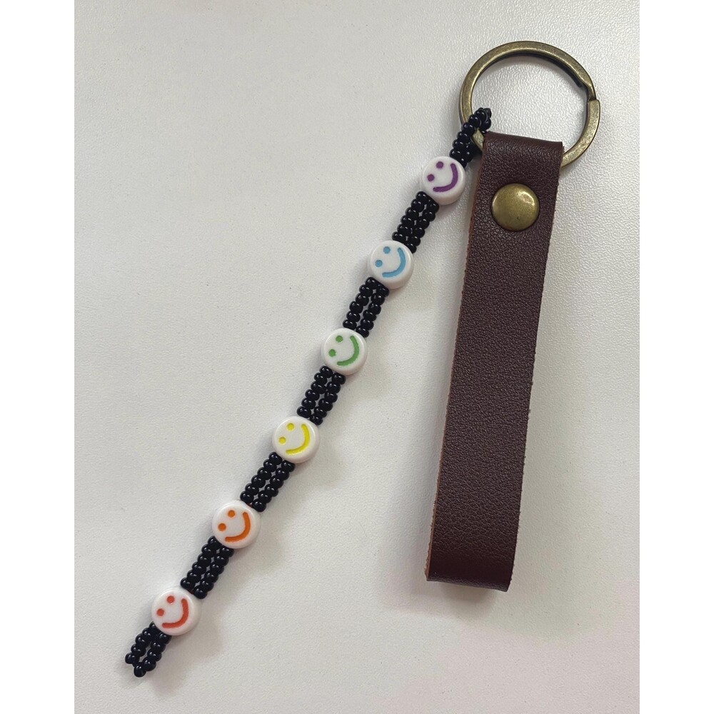 Black Beaded Faux Leather Keychain LGBTQ Flag Rainbow Smiley Charms